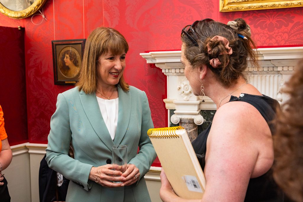 Alumna Carrie Horwood at 11 Downing Street talking to Chancellor of the Exchequer Rachel Reeves