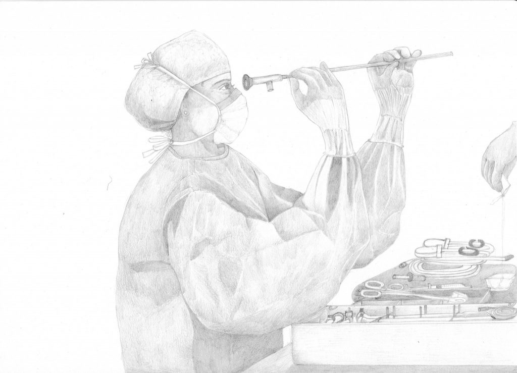 A pencil drawing of a person in surgical gowns checking a medical instrument by holding it up to their face. Drawing by Ji Sun Sjogren, made in 2020. 