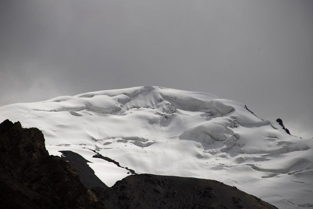 A black and white photograph of a Pakistani glacier by Rebecca Huxley.