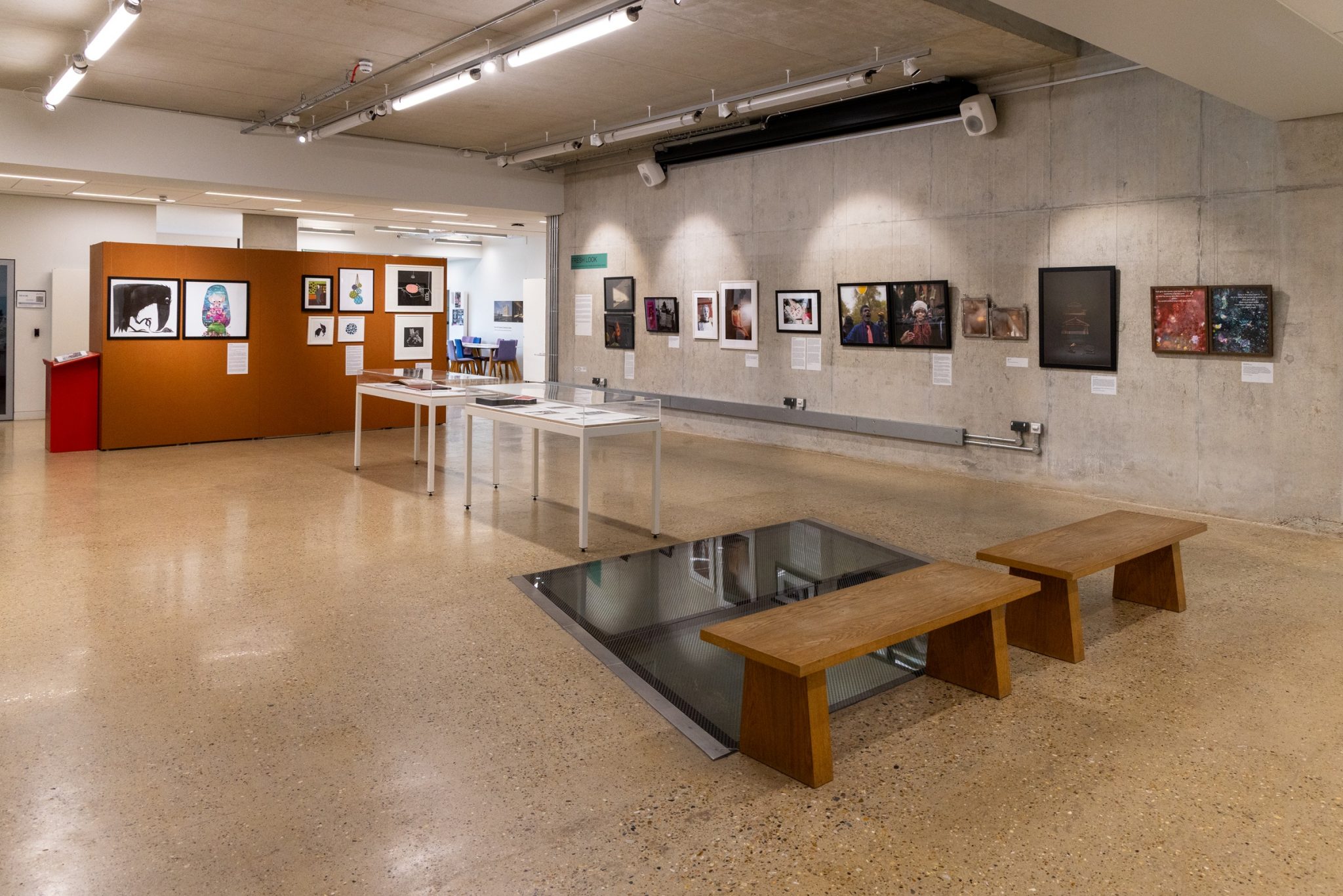 A view of the Daphne Oram Gallery space with 2D artworks on the walls and a glass vitrine and benches in the centre.