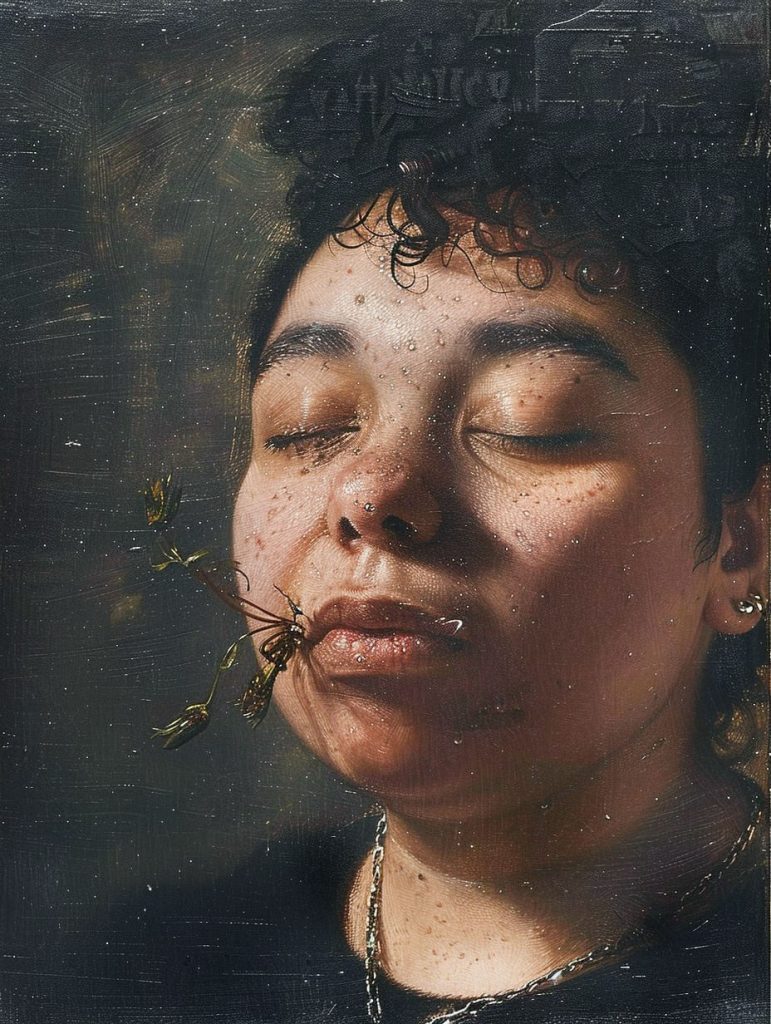 A portrait with a dark, moody background and painterly texture. The figure is shown from the shoulders upward, wearing a necklace and earrings. A spider appears beside the figure’s head. 
