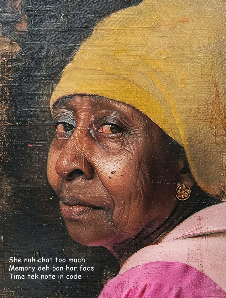 A portrait of a figure in a textured painting style, wearing a yellow headpiece and a pink garment. The left side of the artwork includes a short poem that reads: 
“She nuh chat too much
Memory deh pon har face 
Time tek note in code.” 