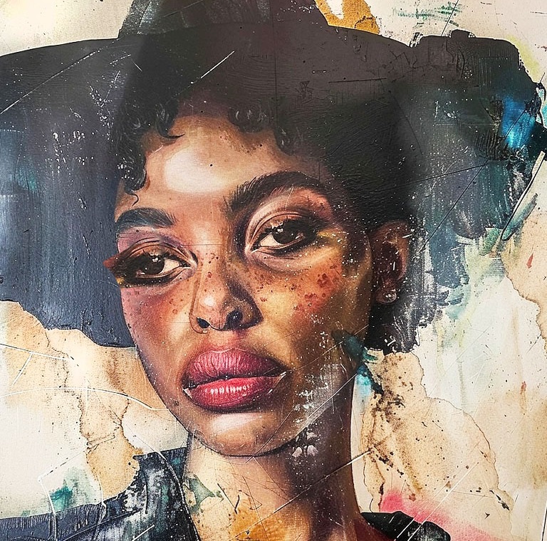 Mixed media portrait of a figure in a wide-brimmed hat. Layered paint textures, visible brush marks and cracks give the work a distressed, aged and weathered appearance.