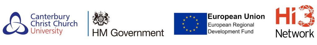 Canterbury Christ Church logo, HM Government logo, European Union European Regional Development Fund logo, Hi3 Network logo