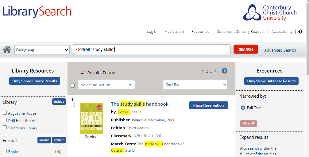 Library Search screenshot using 'Cottrell "study skills"'