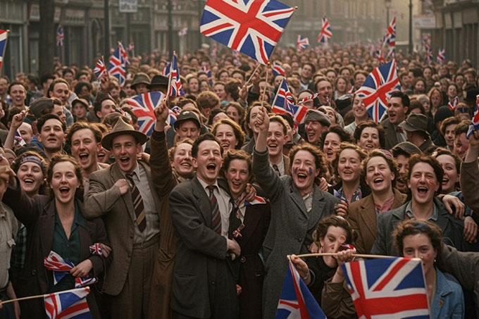 Group of people celebrating VE Day in the street with Union Jack flags