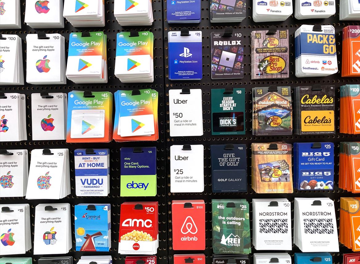A row of gift cards in a shop