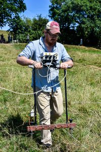 Dr Darrell Rohl conducting a resistivity geophysical survey as part of the 2017 CCCU Archaeological Field School
