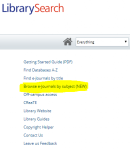 Browse e-journals by subject is linked from LibrarySearch