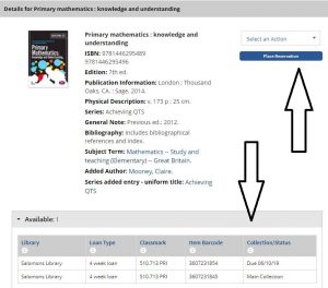 LibrarySearch screenshot showing the location of the place reservation button.