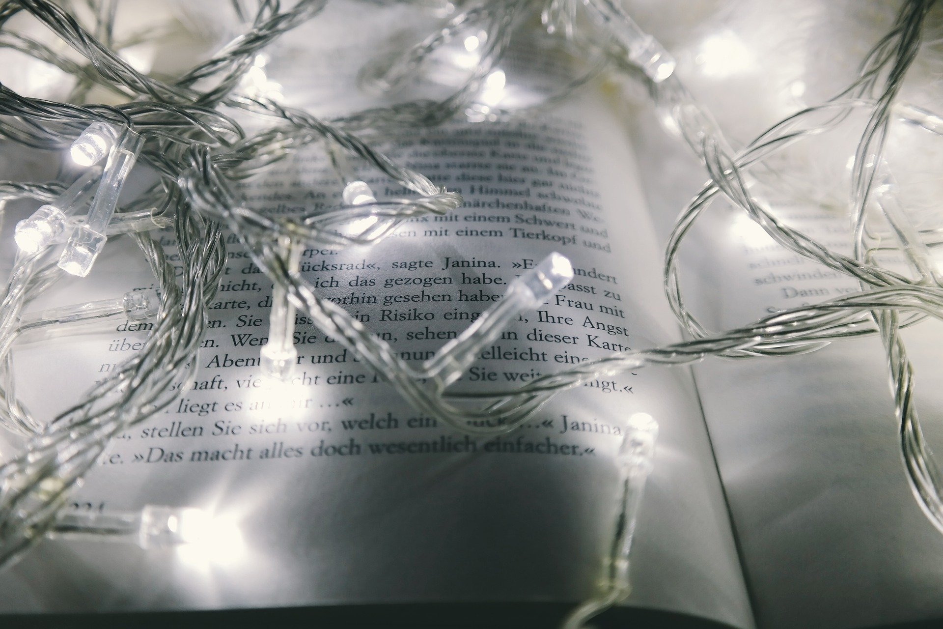 Christmas lights and book