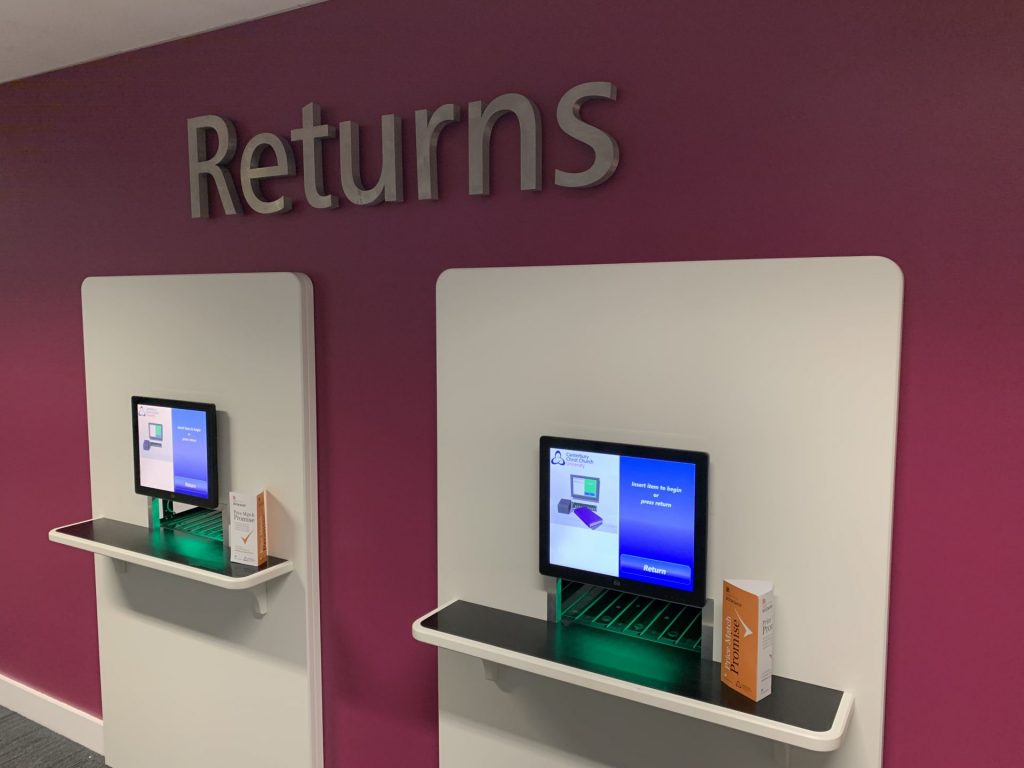 Our new self-returns machines found on the ground floor of Augustine House to the right of the library point - Much, much quicker than the old ones.