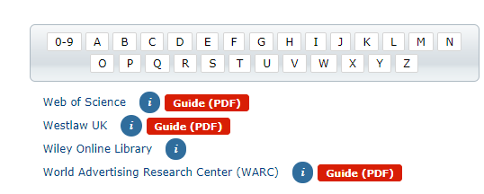 The Find Database Window. Some of the database links have guides available by clicking on the buttons to the right of the links.