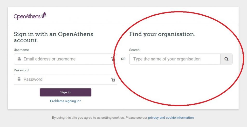 Find Your Organisation is on the right hand side of the OpenAthens box 