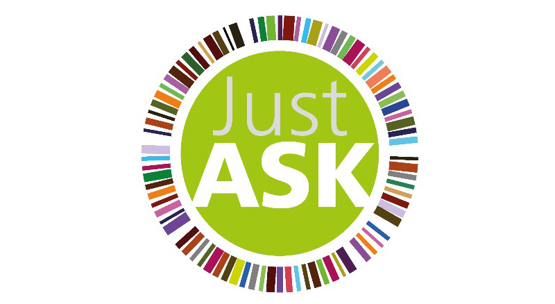 Just Ask logo: the letter Just Ask in grey and white fill a green circle, surrounded by a colourful circle made of lines to represent book spines