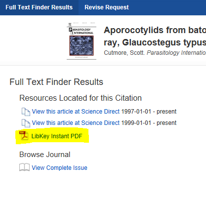 Screenshot showing the location of the LibKey Instant PDF at the bottom of the results list in the Full Text Finder Results window