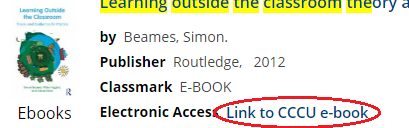 Screenshot showing the location of the "LInk to CCCU e-book" by Electronic Access on the result screen.