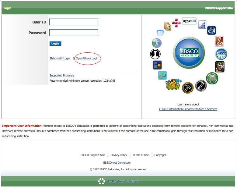 Screenshot highlighting the OpenAthens link beneath the login box on the EBSCO database.