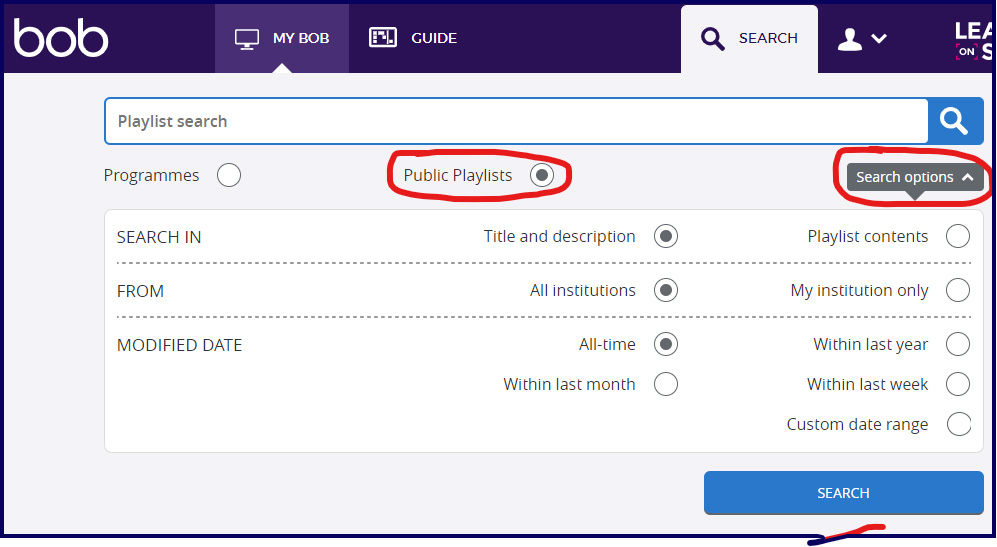 The search options can be used while searching for publicly available playlists. 