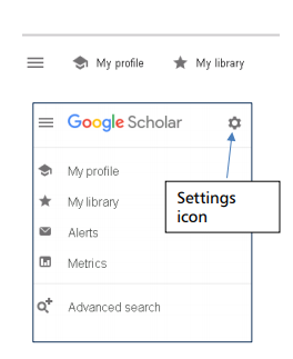 Screenshot of Google Scholar showing cog settings icon