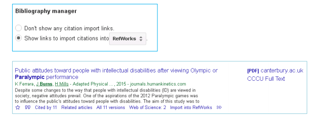 Screenshots of Google Scholar export tool and search result in Google Scholar