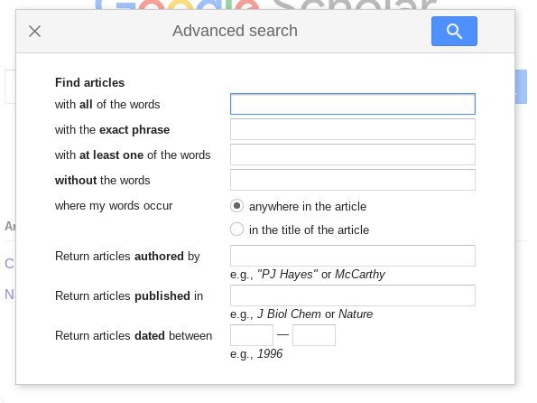 Screenshot of Google Scholar advanced search