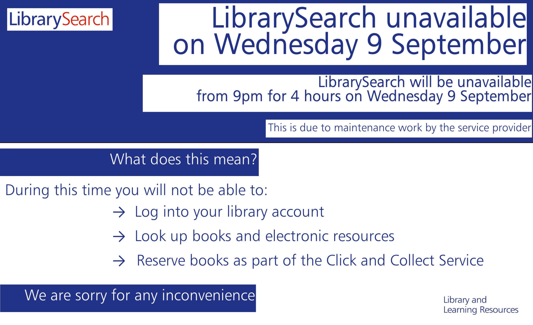 LibrarySearch unavailable on 9 September from 9pm