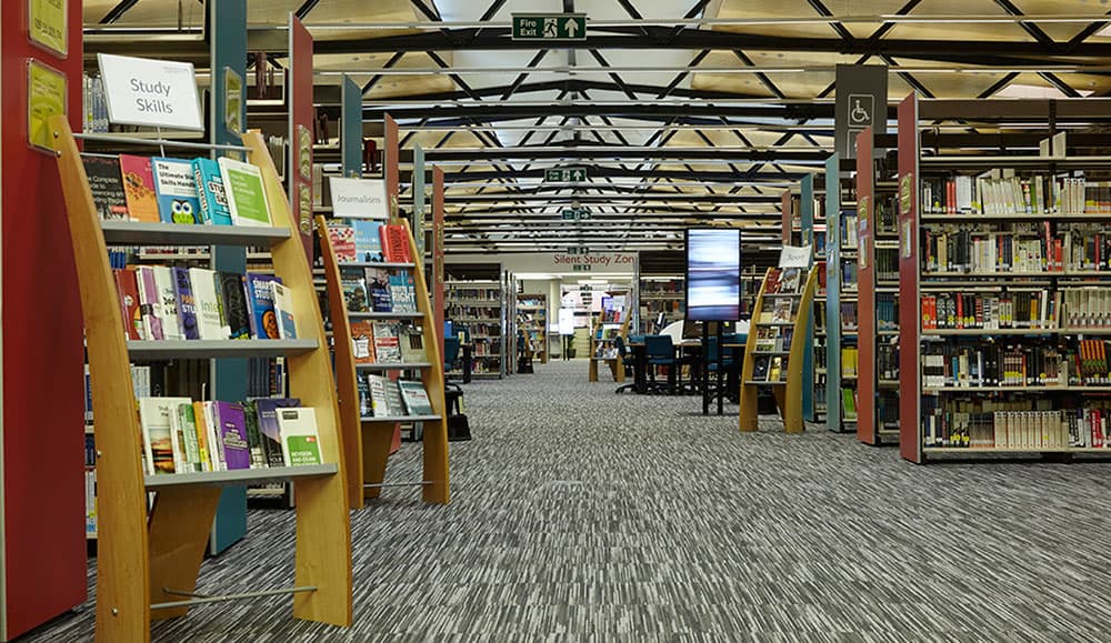 View of the central walkway at the Drill Hall Library. 