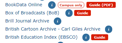 Screenshoot showing the red "Guide" buttons in Find Databases A-Z in LibrarySearch.