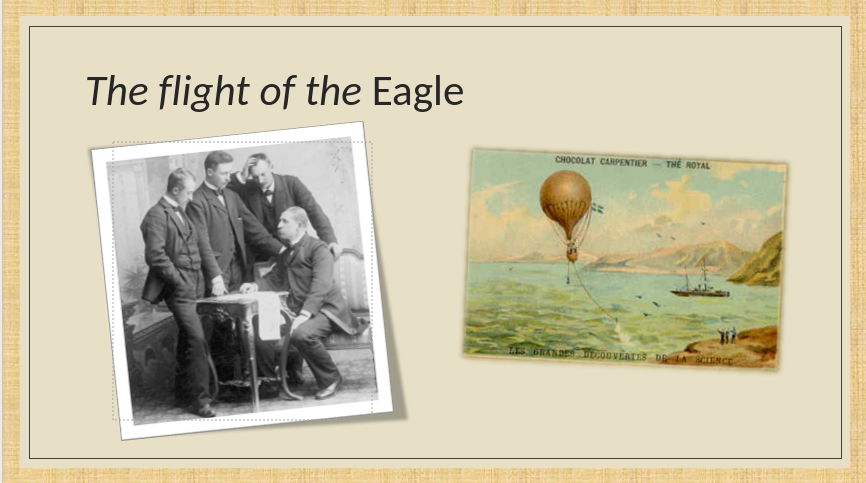 Group of men sitting around a table in discussion. A postcard of a hot air balloon in flight.