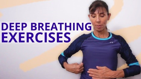 displaying the text deep breathing exercises and a woman performing these exercises