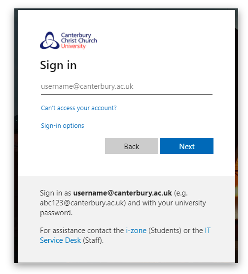 Image showing the CCCU sign in screen where you would need to sign in with your username and password to authorise you as a CCCU student to access our e-resources.