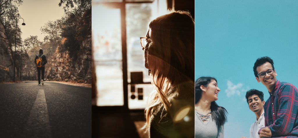 three portrait images expressing walking, thinking and laughing.