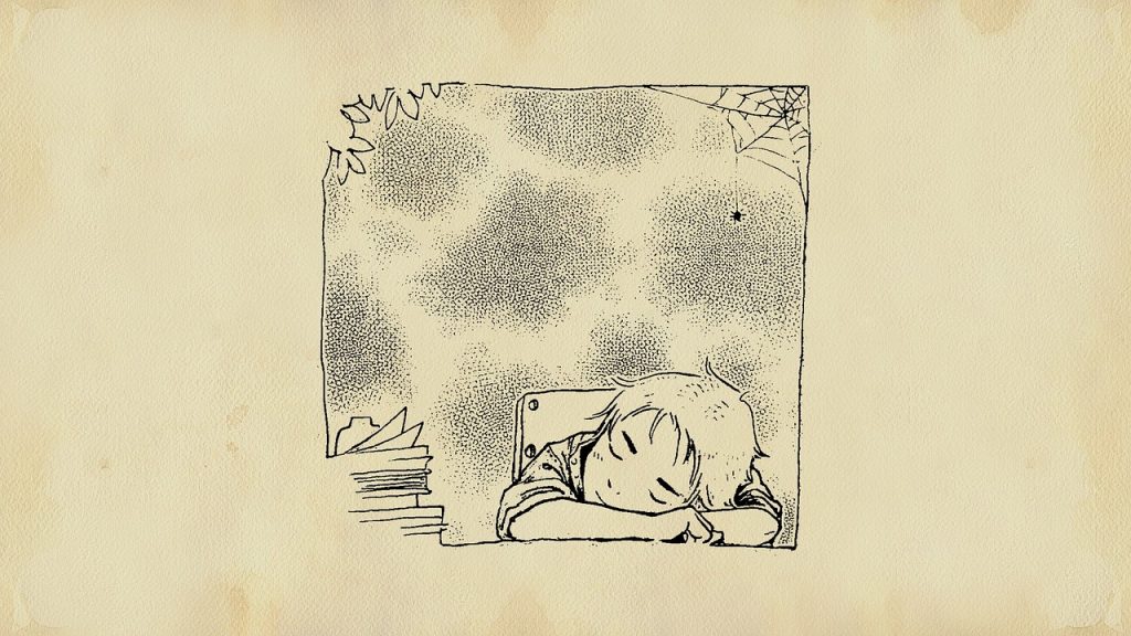 Cartoon - line drawing of a boy fast asleep at his work station