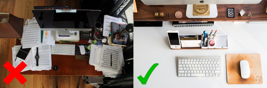 Comparison of a messy desk against a tidy desk