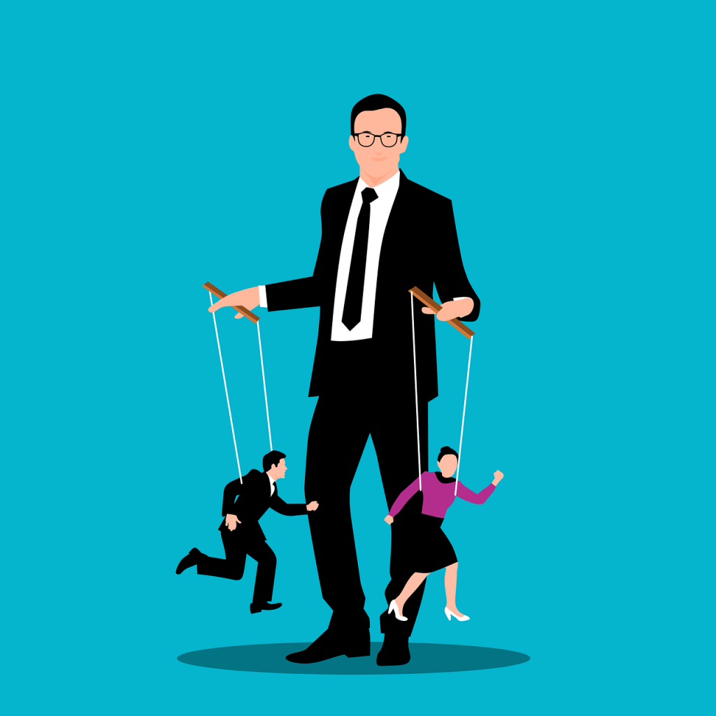 Cartoon - man in suit controlling two puppets, one male, one female