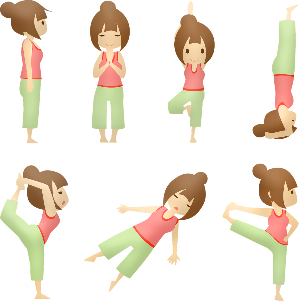 Cartoon - six images of a female in various yoga poses