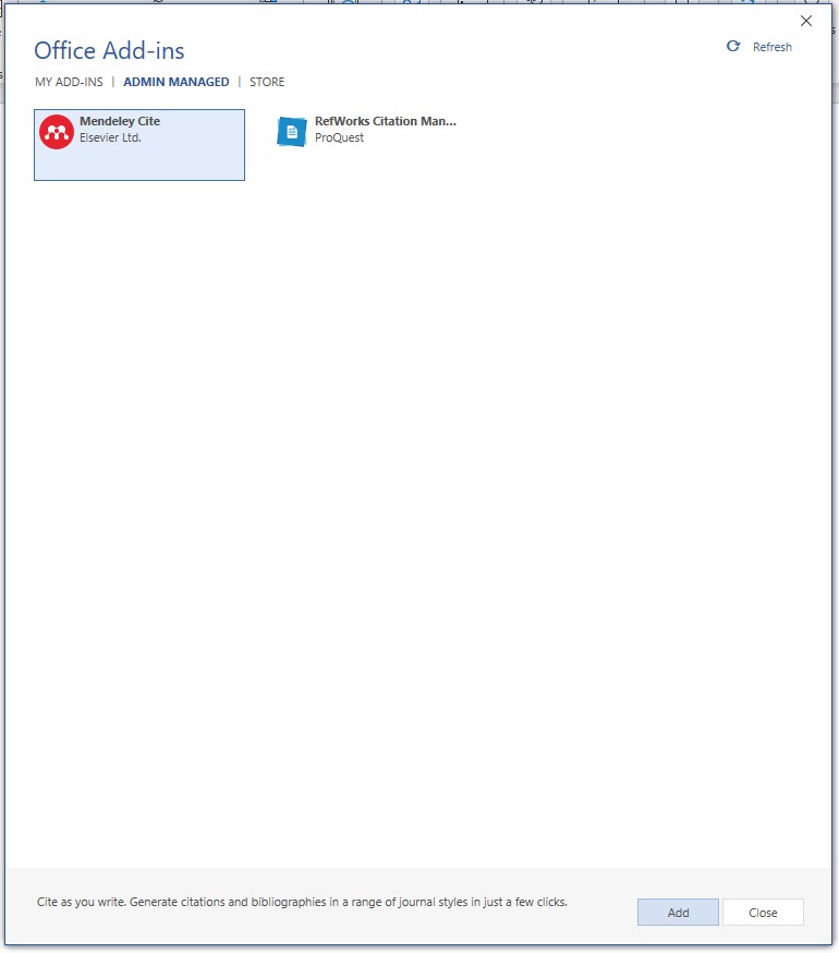 A screenshot displaying the Mendeley Cite icon in the Admin Managed area.