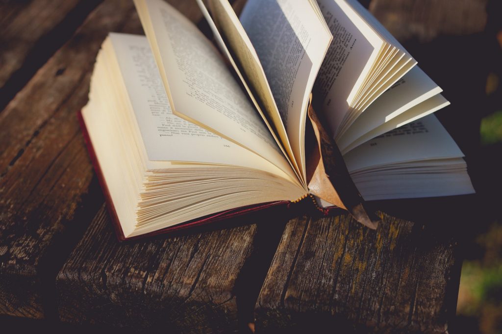 A book flapping open in the wind laying on a park bench