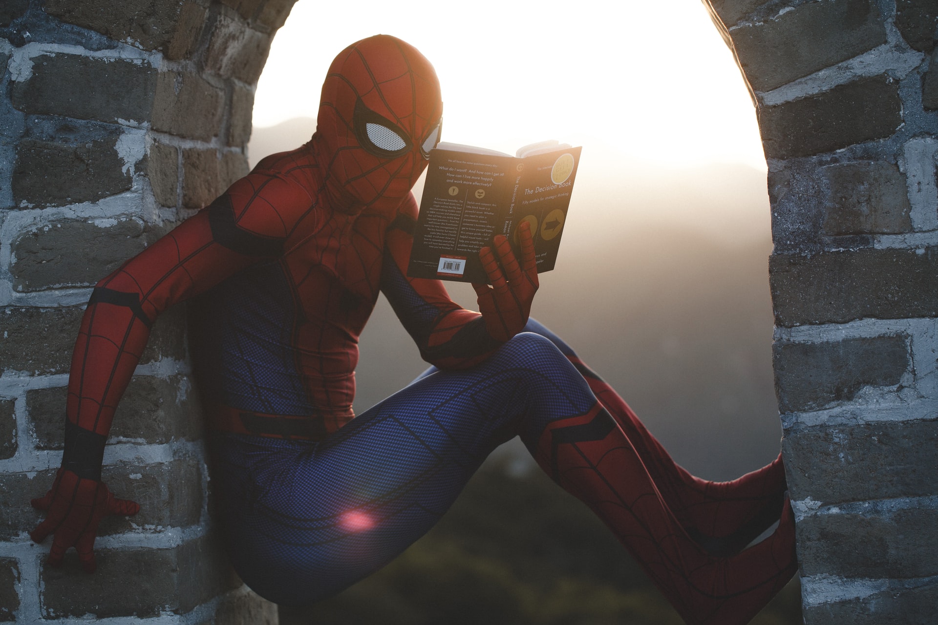 Spiderman sitting high up reading a book