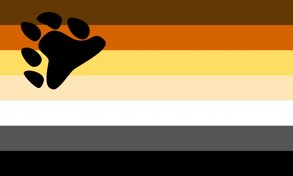 Bear Flag. Horizontal lines browns, yellows, white, grey and black, plus a paw print