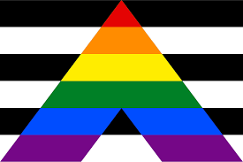 Straight Ally flag. Horizontal blacks and whites. Rainbow triangle over top