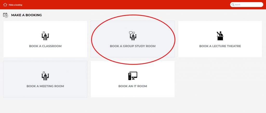 A screenshot of the MyBookings screen. The 'Book a group study room' tile is highlighted. It's the top row centre tile.