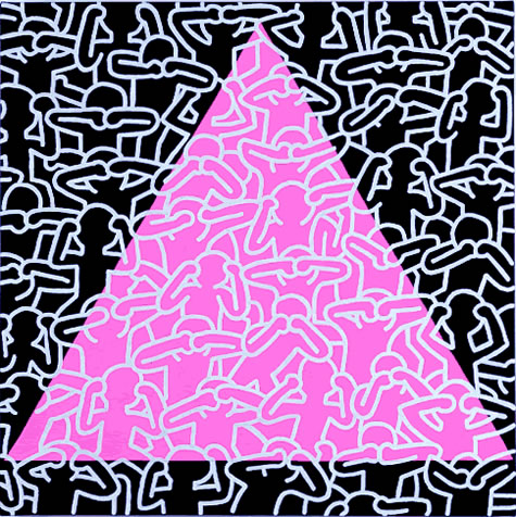 Keith Haring's 'Silence = Death', 1989. A pink triangle features in the middle of a black background. Overlaid are figures outlined in silver performing the 'see no evil, hear no evil, speak no evil' actions. 