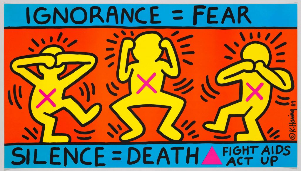 Keith Haring's 'Ignorance = Fear', 1989. Three figures perform the 'see no evil, hear no evil, speak no evil' gestures and the text underneath them reads 'Silence = Death'. There is a pink triangle in the bottom right hand corner and text that reads 'Fight AIDS, Act Up'. 