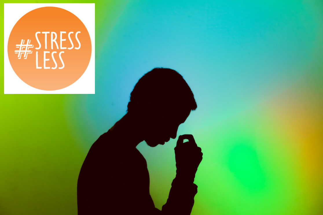 A silhouette of a male, side view, facing down about to pinch nose. Stressless logo is in the top left corner