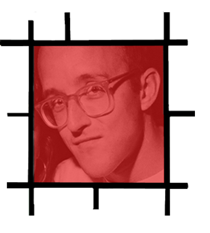 A photo of Keith Haring's face with a red filter and Mondrian-inspired border.