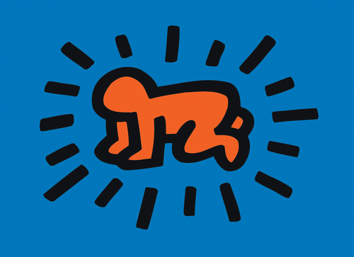 Keith Haring's 'Radiant Baby' icon. The baby is outlined thickly in black, with black lines radiating from it. It is filled in orange on a blue background and is in a crawling position.