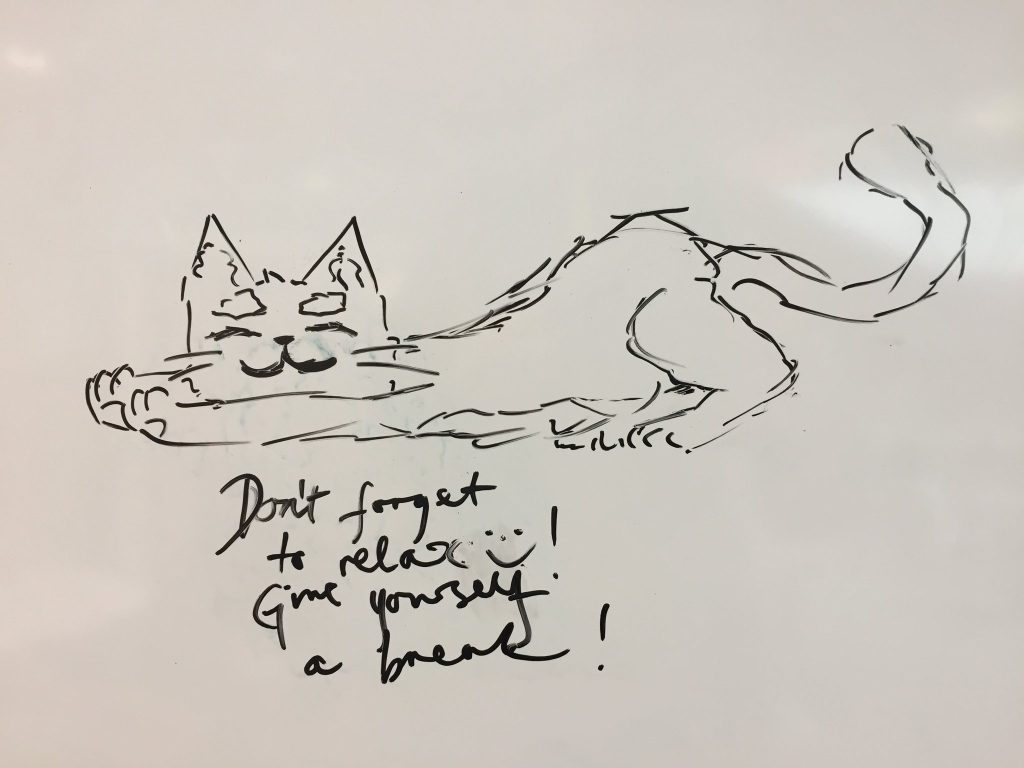 whiteboard drawing of a cat with the message don't forget, give yourself a break