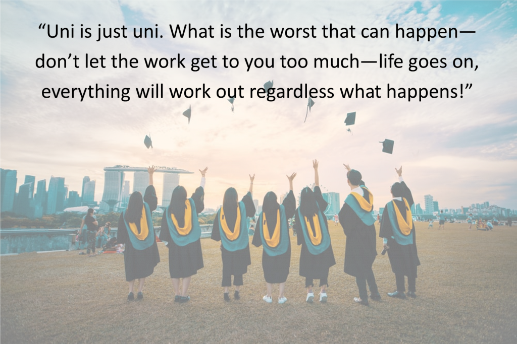 statement postcard - group of graduates throwing their caps in the air
comment - Uni is just uni. What is the worst that can happen - don't let the work get to you too much - life goes on, everything will will work out regardless of what happens!